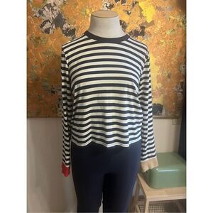 Veronica Beard Luxury Brand Boxy Navy Striped Long Sleeve Tee  Sz M